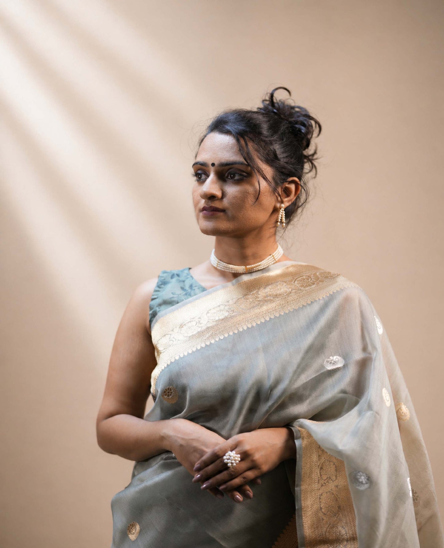 “Samaya” Olive-Grey Kora Organza Banarasi Handloom Saree