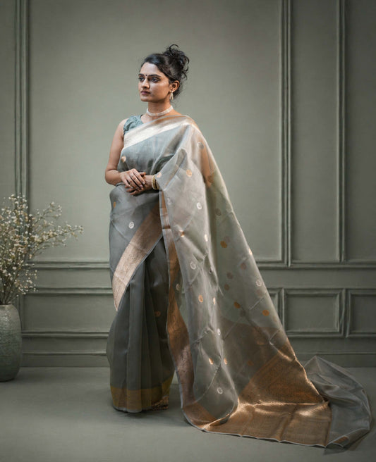 “Samaya” Olive-Grey Kora Organza Banarasi Handloom Saree