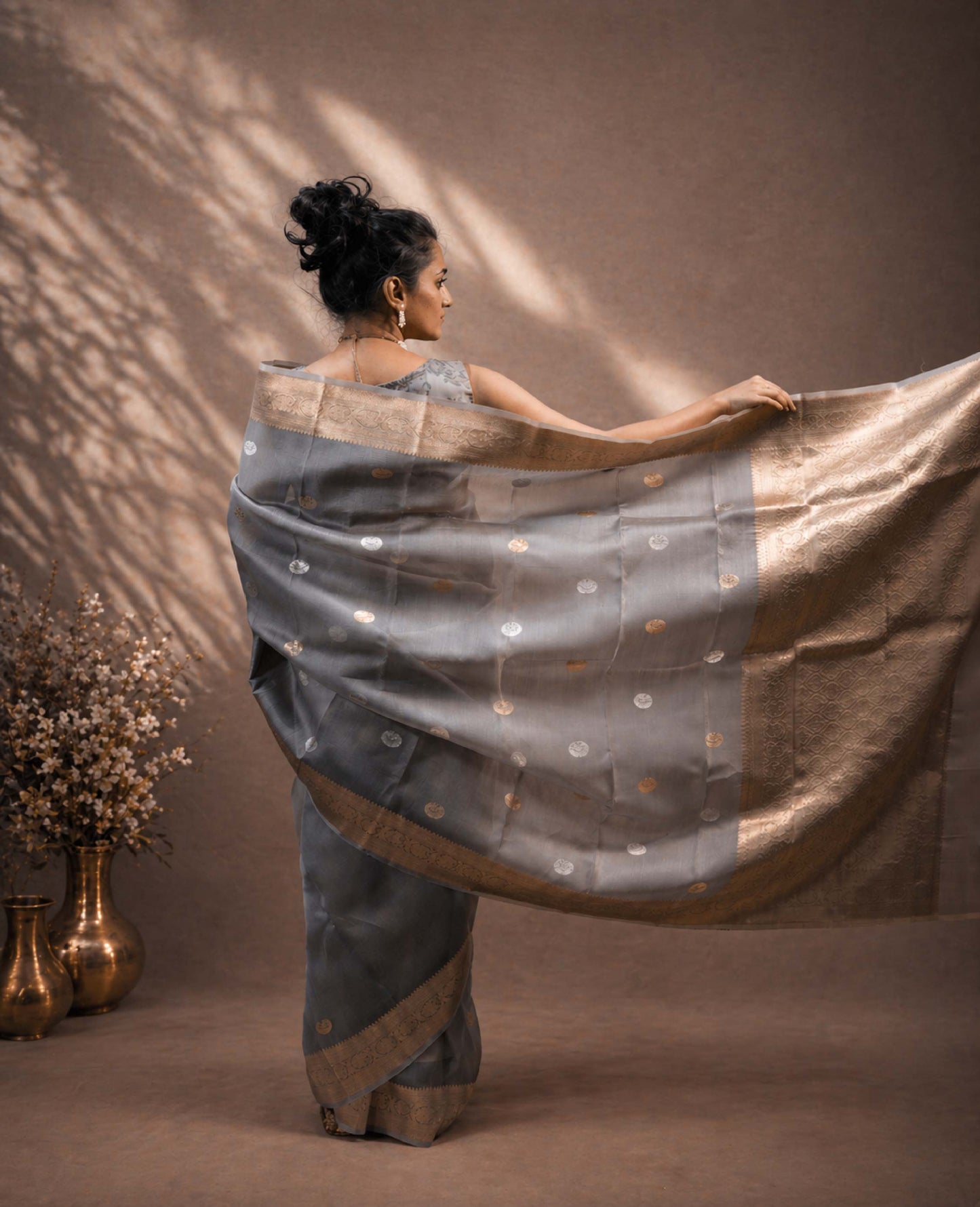 “Samaya” Olive-Grey Kora Organza Banarasi Handloom Saree