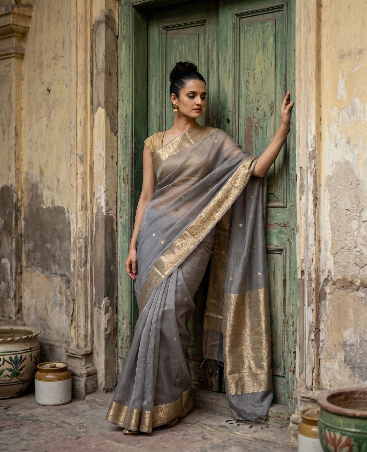 “Udita” Soft Grey-Blue Kora Organza Banarasi Handloom Saree