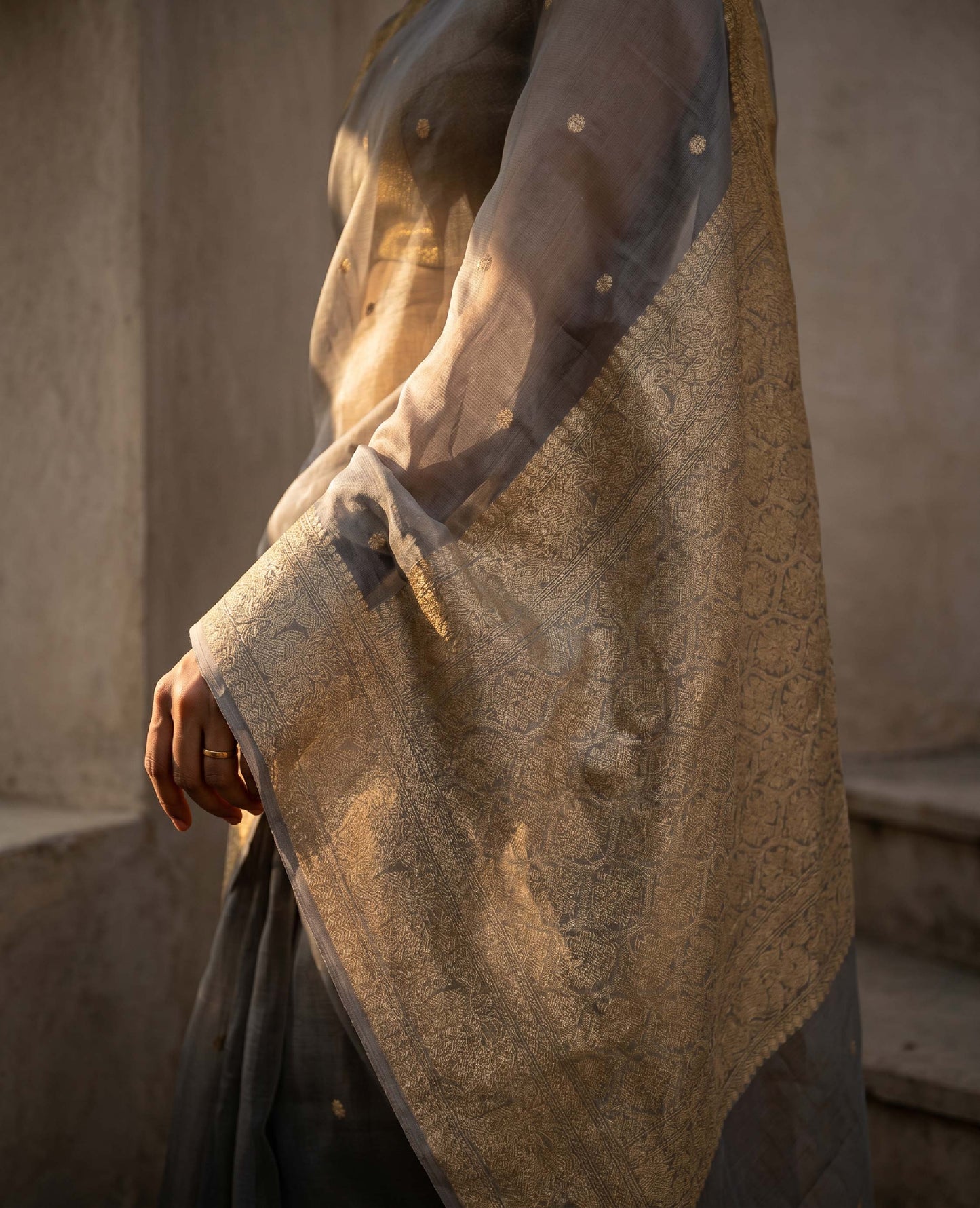 “Udita” Soft Grey-Blue Kora Organza Banarasi Handloom Saree