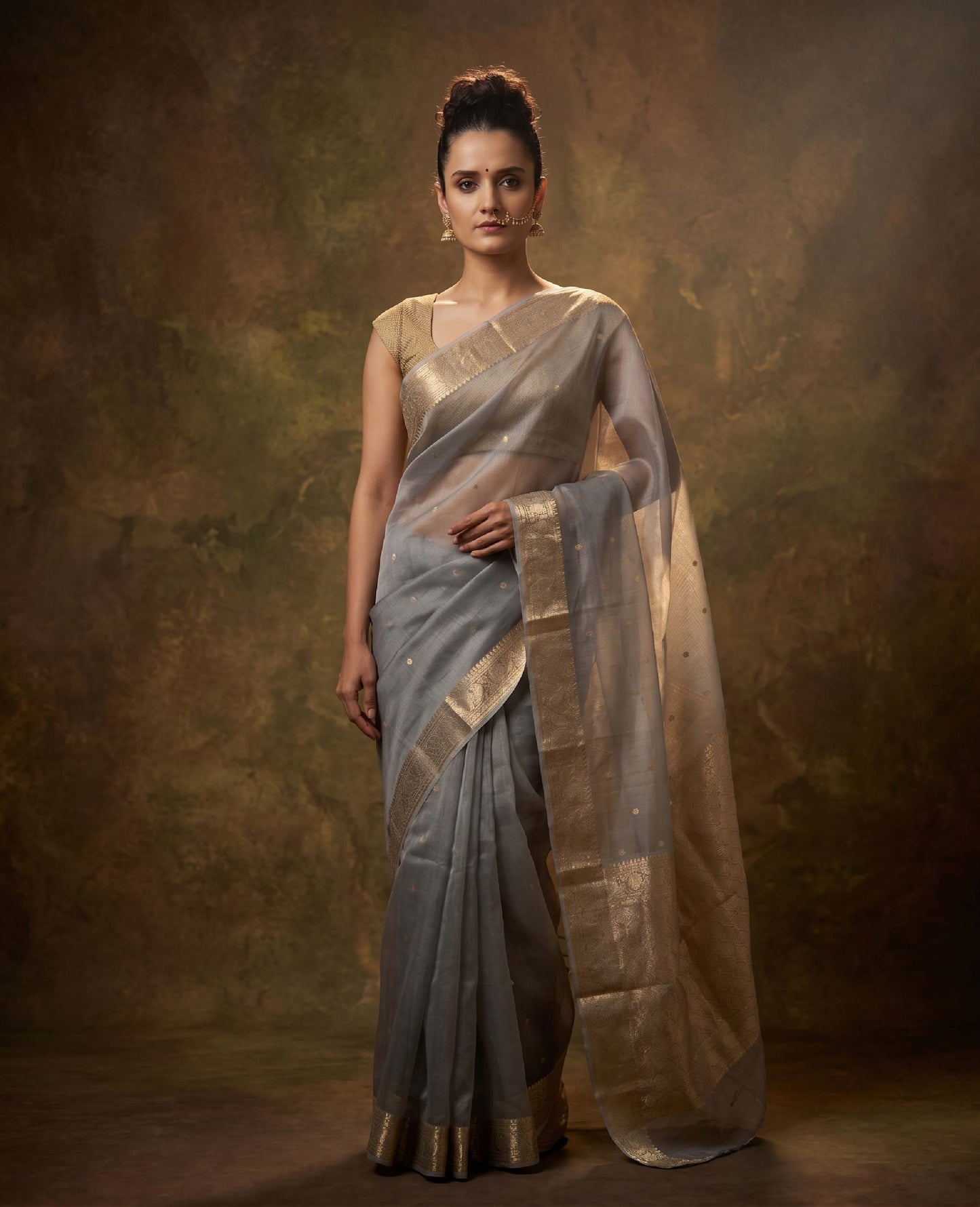 “Udita” Soft Grey-Blue Kora Organza Banarasi Handloom Saree