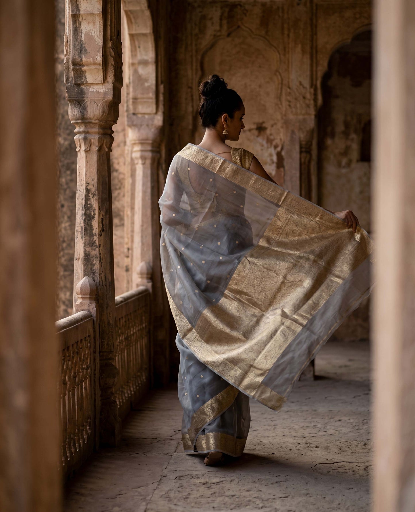 “Udita” Soft Grey-Blue Kora Organza Banarasi Handloom Saree