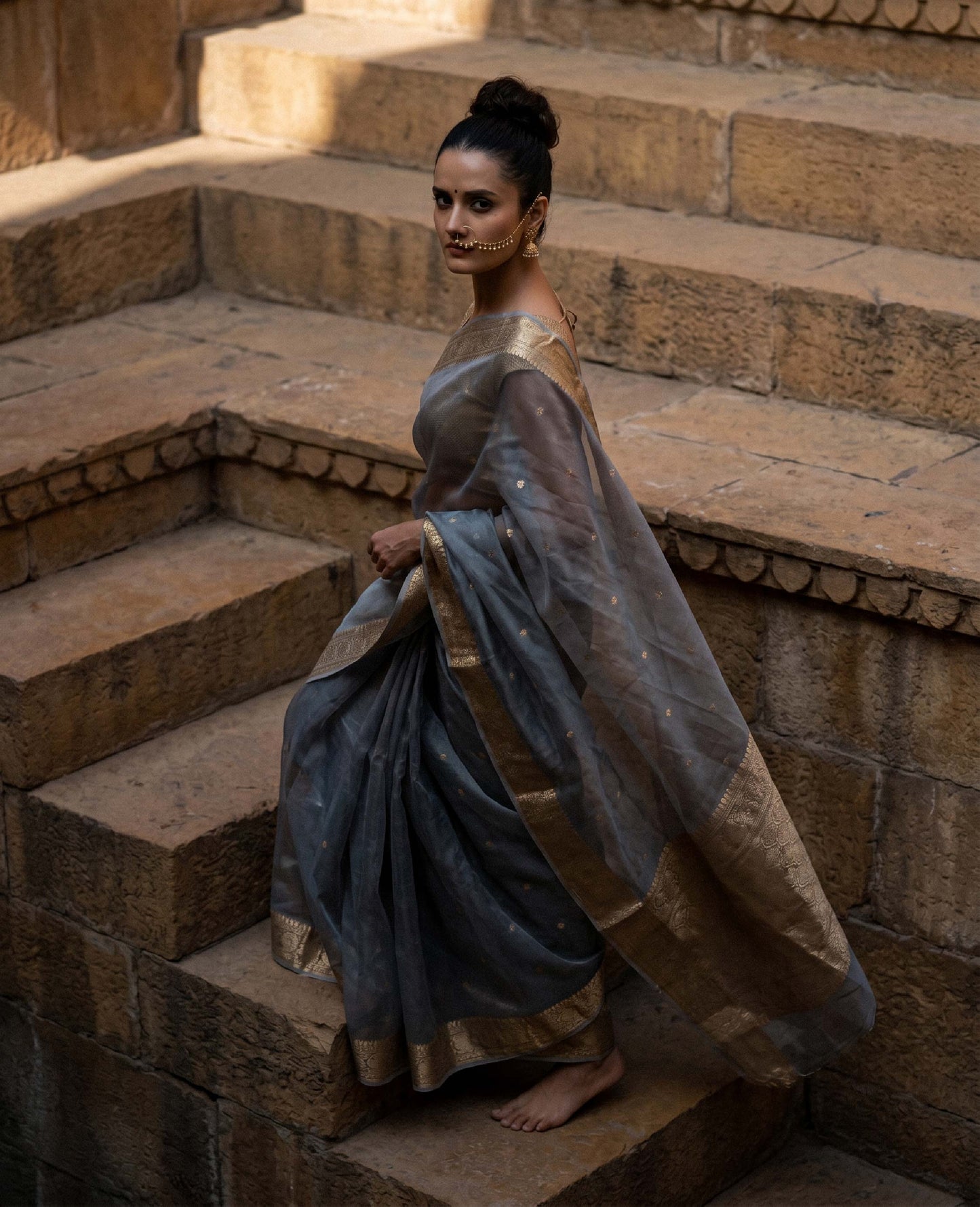 “Udita” Soft Grey-Blue Kora Organza Banarasi Handloom Saree