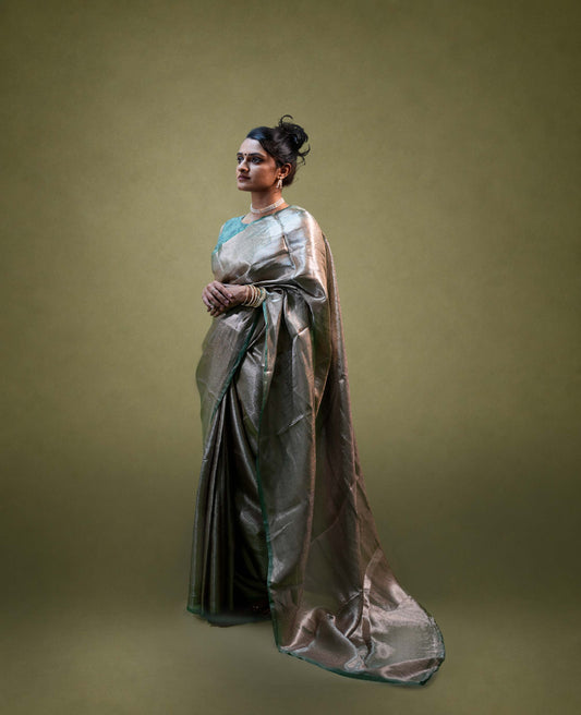 “Zareen” Sage Metallic Tissue Brocade Banarasi Handloom Saree