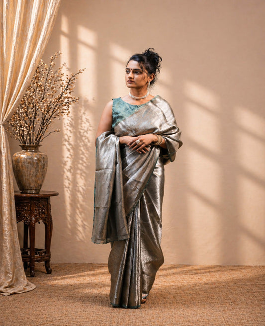 “Zareen” Sage Metallic Tissue Brocade Banarasi Handloom Saree