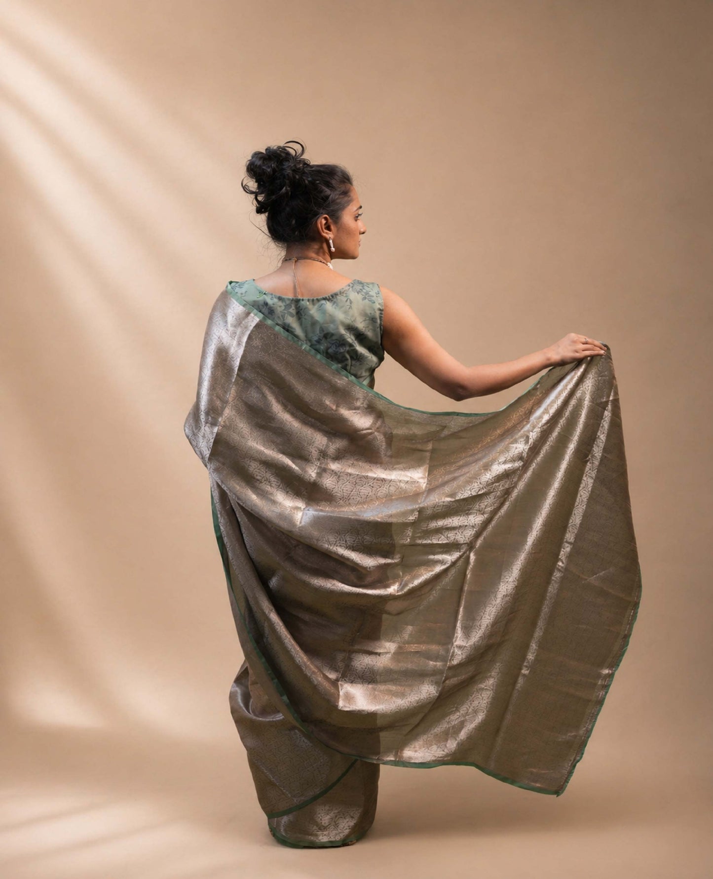 “Zareen” Sage Metallic Tissue Brocade Banarasi Handloom Saree