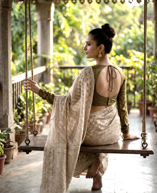 “Aabha” Beige Cotton Banarasi Jamdani Handloom Saree