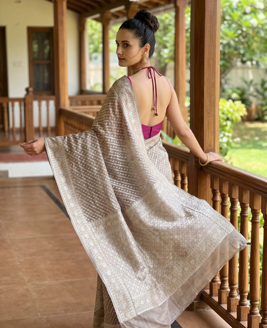 “Dhara” Brown Cotton Banarasi Jamdani Handloom Saree