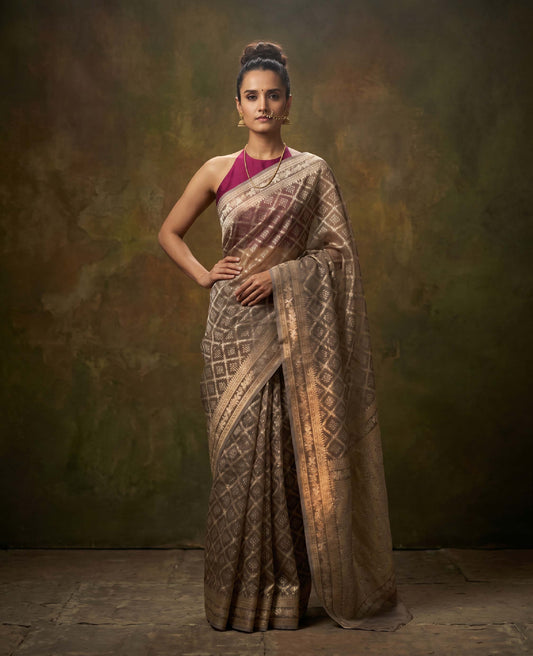 “Dhriti” Brown Cotton Banarasi Jamdani Handloom Saree