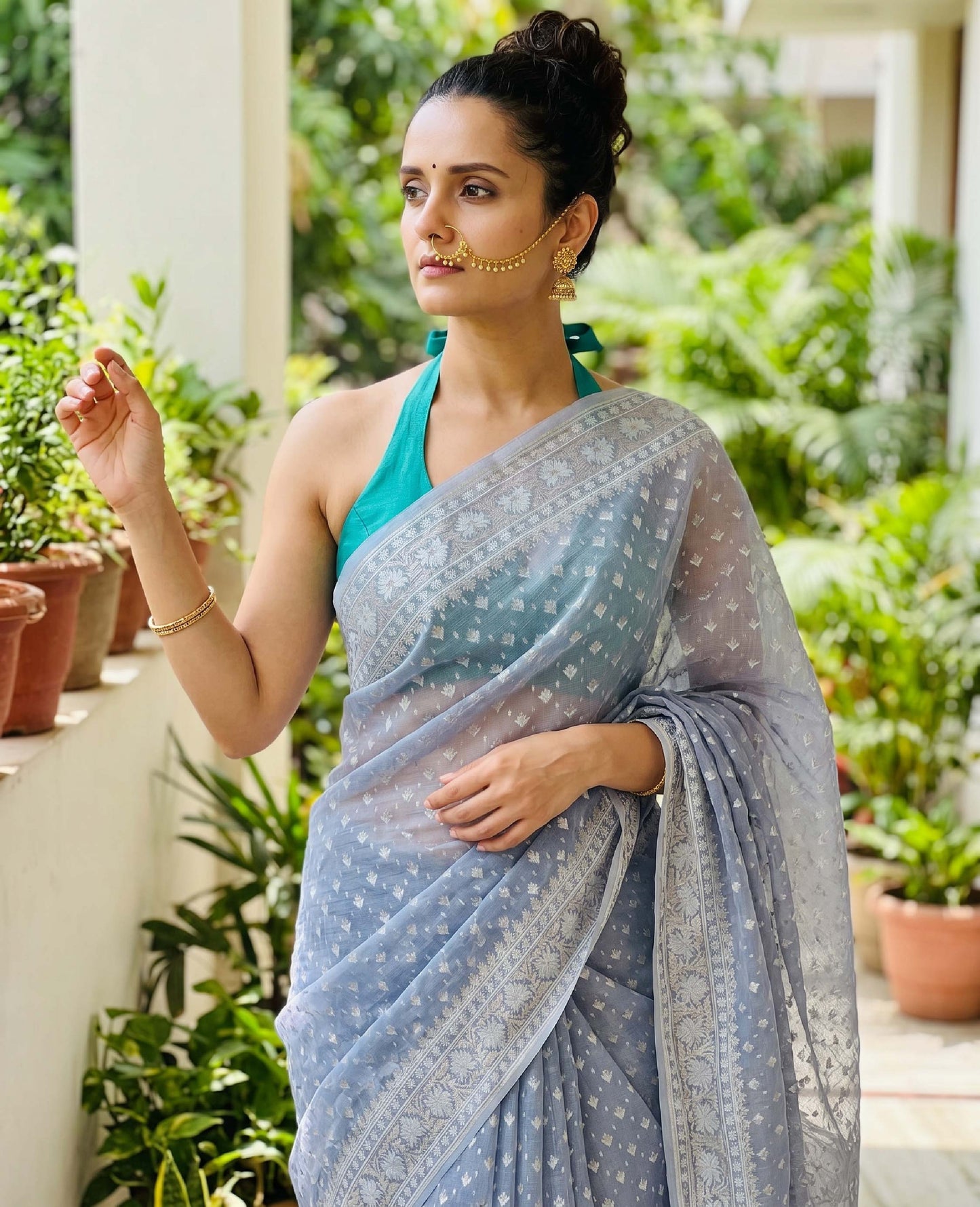 “Neer” Mist Blue Cotton Banarasi Jamdani Handloom Saree