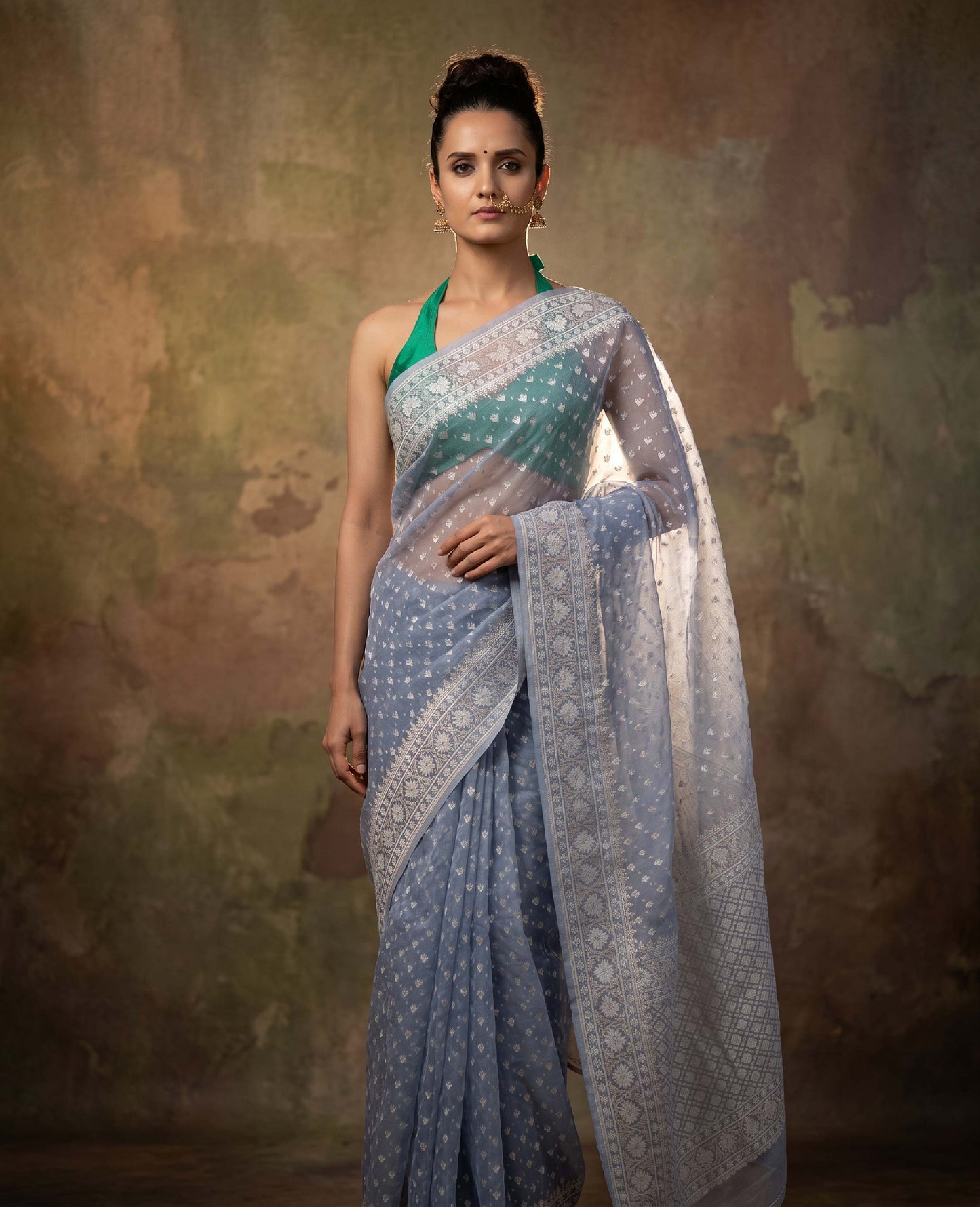“Neer” Mist Blue Cotton Banarasi Jamdani Handloom Saree