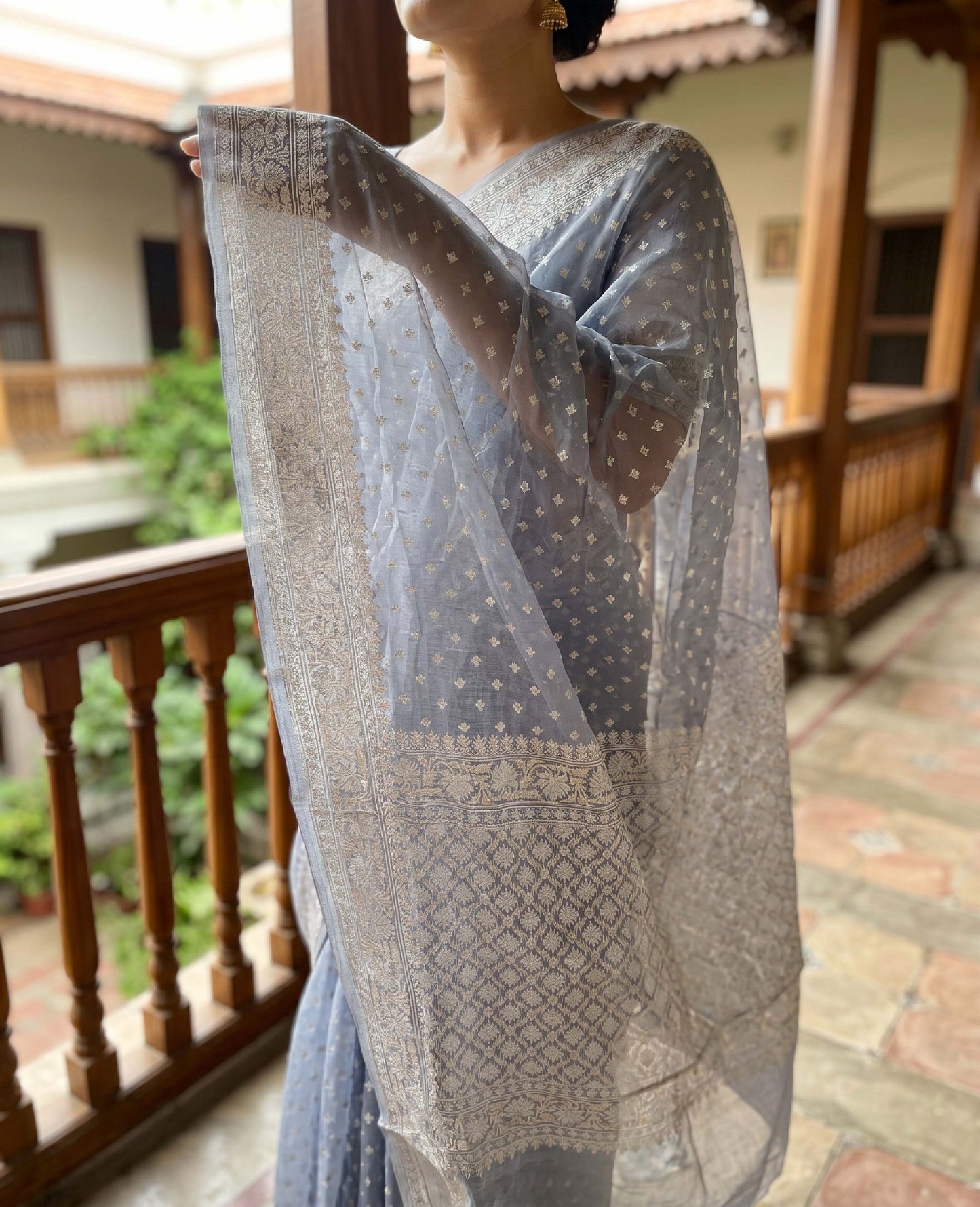 “Neer” Mist Blue Cotton Banarasi Jamdani Handloom Saree