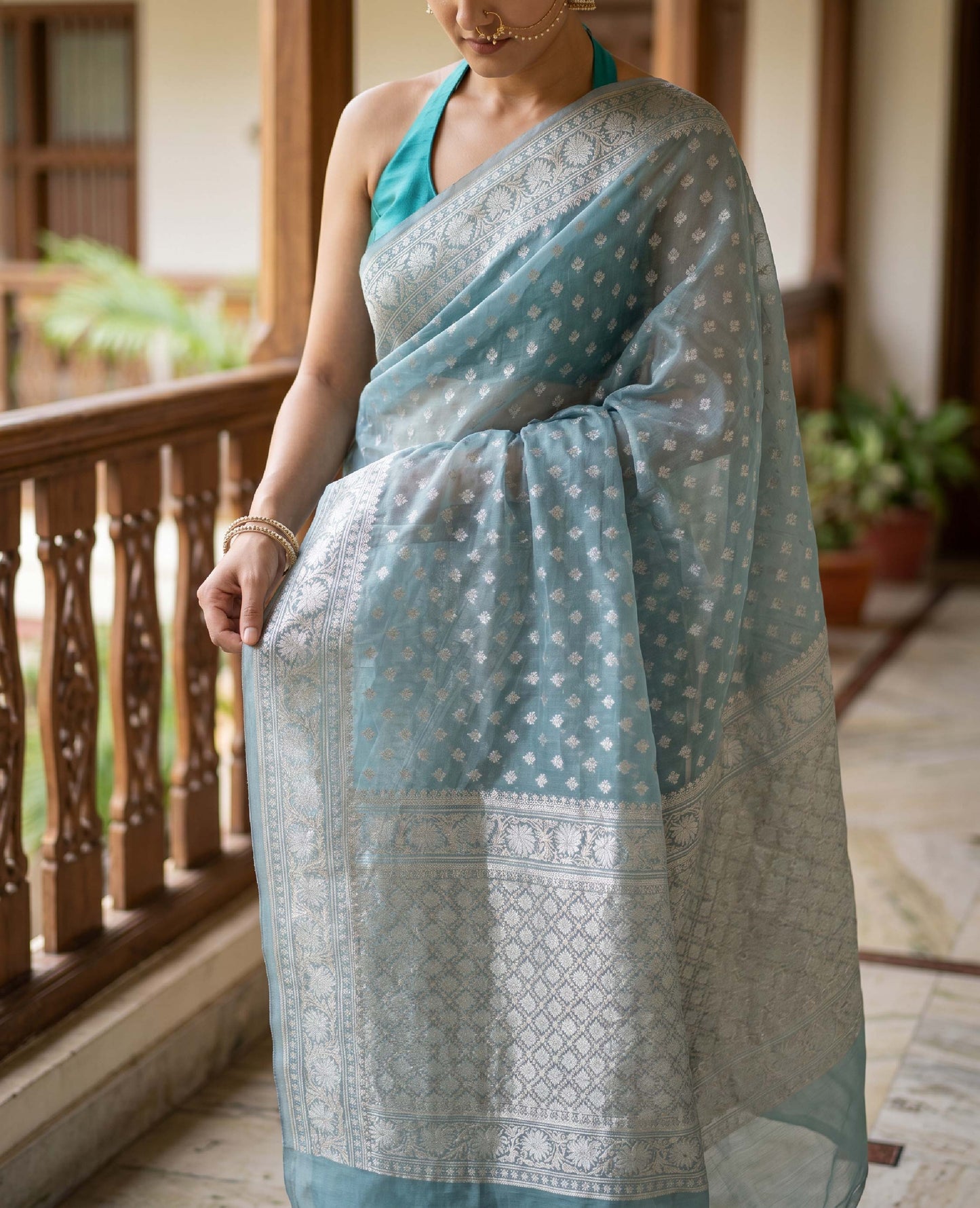 “Saumya” Dusty Aqua Blue Cotton Banarasi Jamdani Handloom Saree