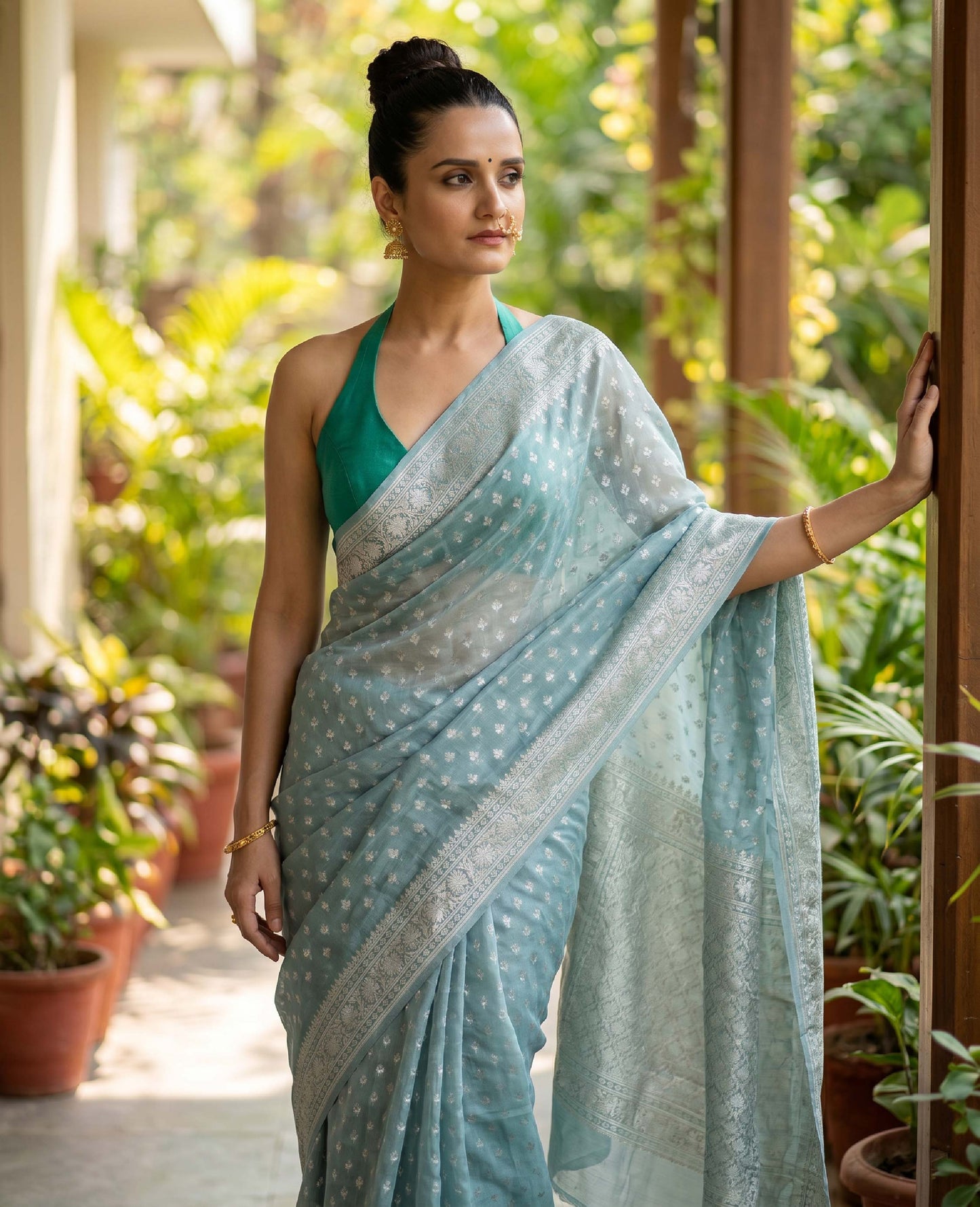 “Saumya” Dusty Aqua Blue Cotton Banarasi Jamdani Handloom Saree