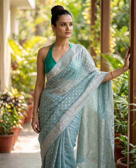 “Saumya” Dusty Aqua Blue Cotton Banarasi Jamdani Handloom Saree