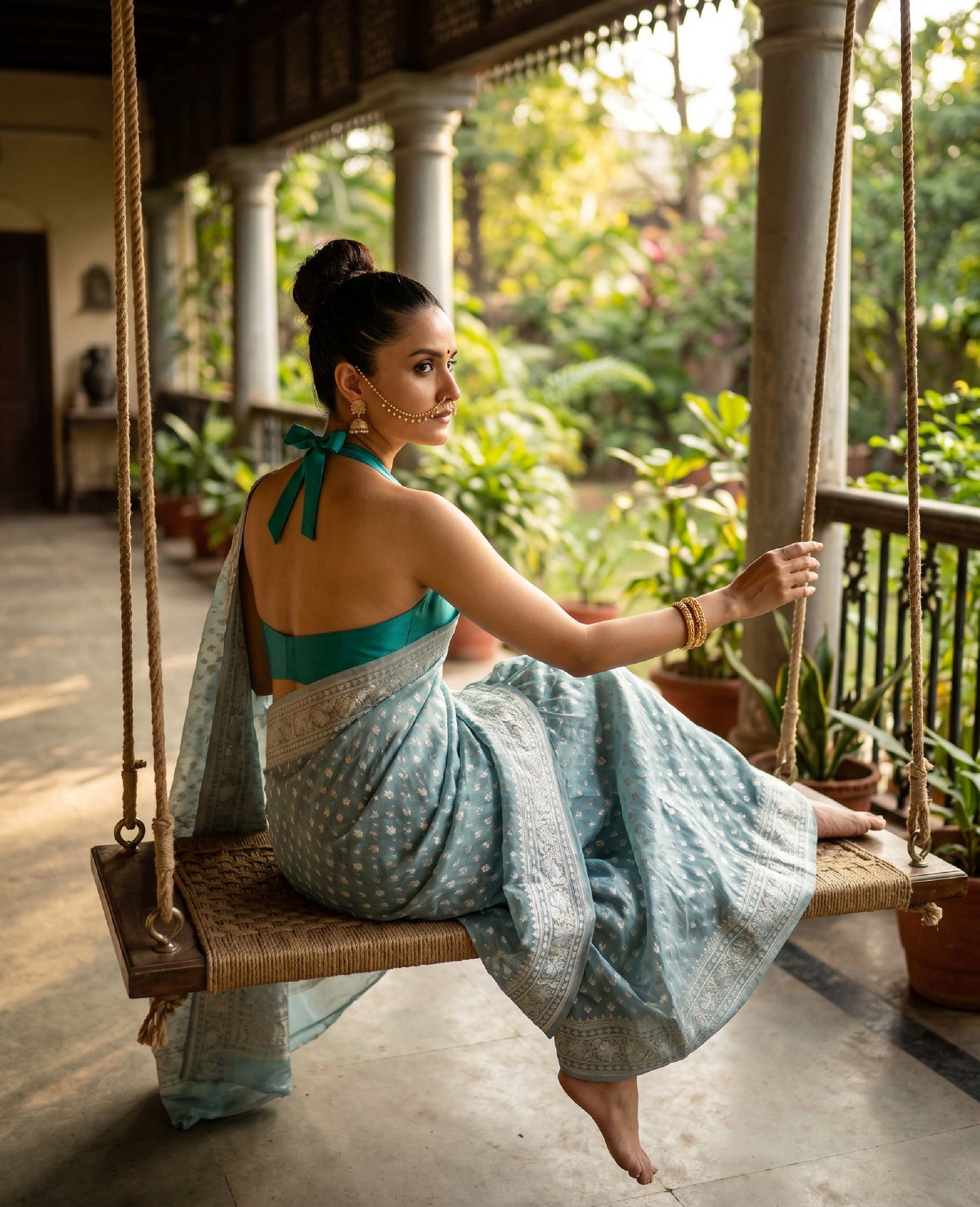 “Saumya” Dusty Aqua Blue Cotton Banarasi Jamdani Handloom Saree