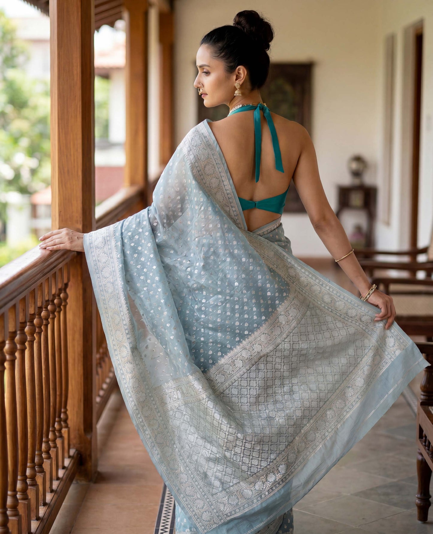 “Saumya” Dusty Aqua Blue Cotton Banarasi Jamdani Handloom Saree