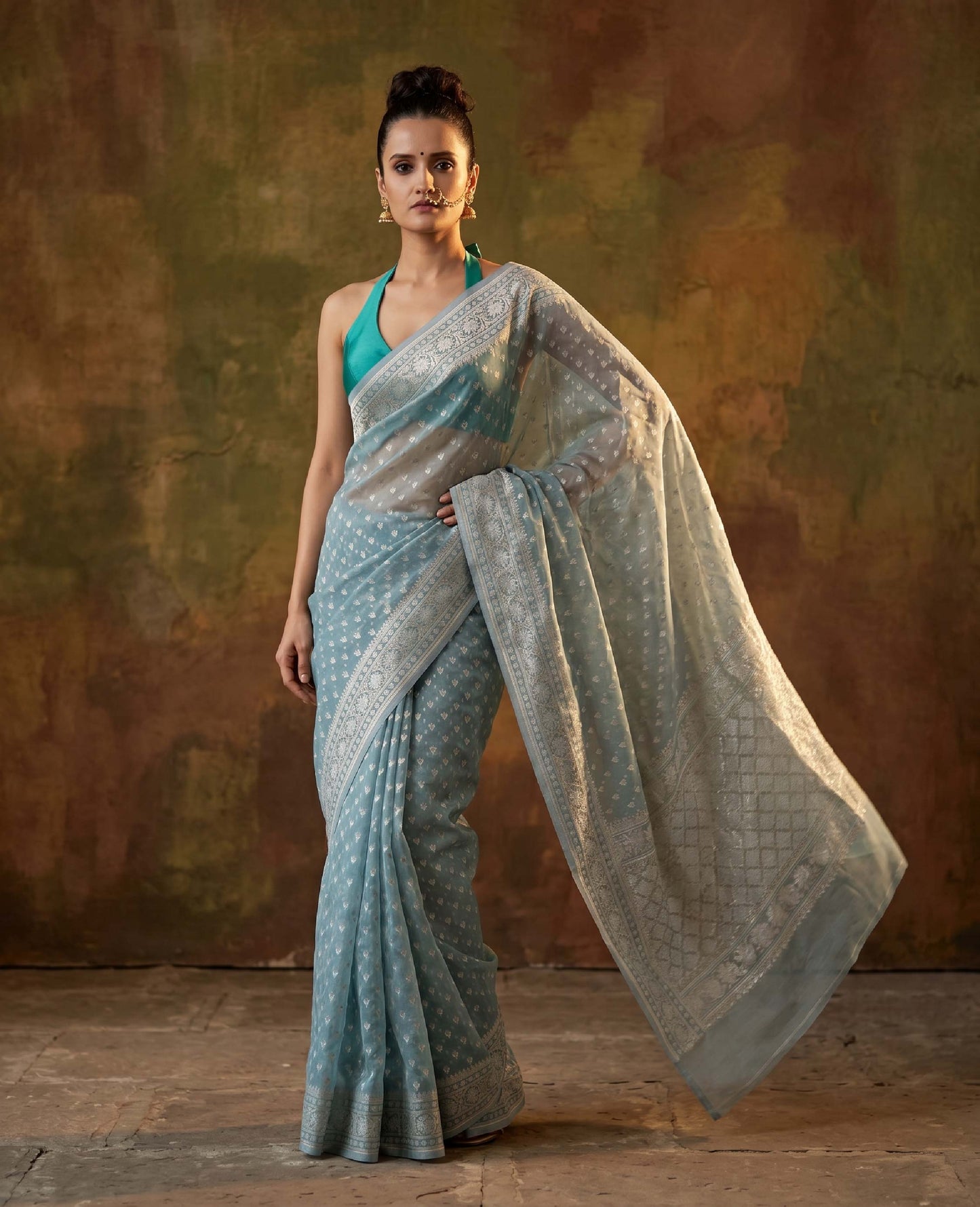 “Saumya” Dusty Aqua Blue Cotton Banarasi Jamdani Handloom Saree