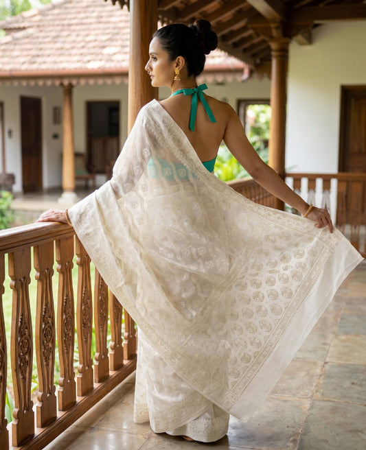 “Tanvi” Off-White Cotton Banarasi Jamdani Handloom Saree