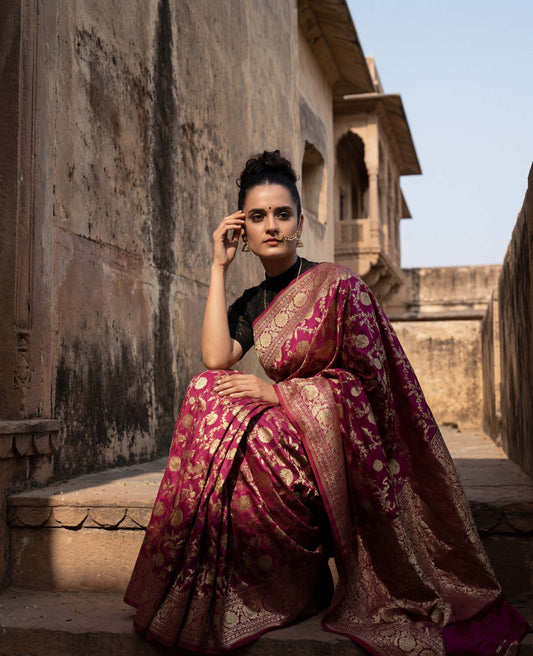 “Gulaal” Magenta–Red Pure Katan Silk Banarasi Handloom Saree