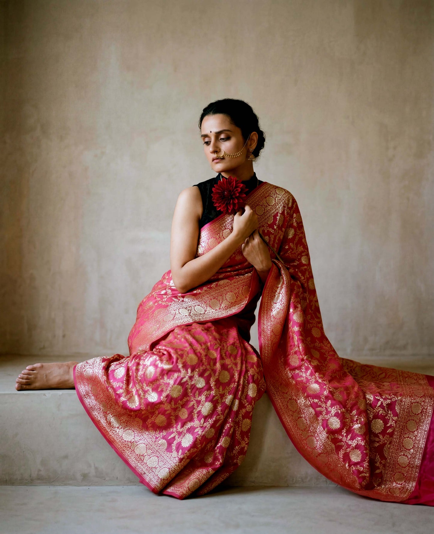 “Gulaal” Magenta–Red Pure Katan Silk Banarasi Handloom Saree
