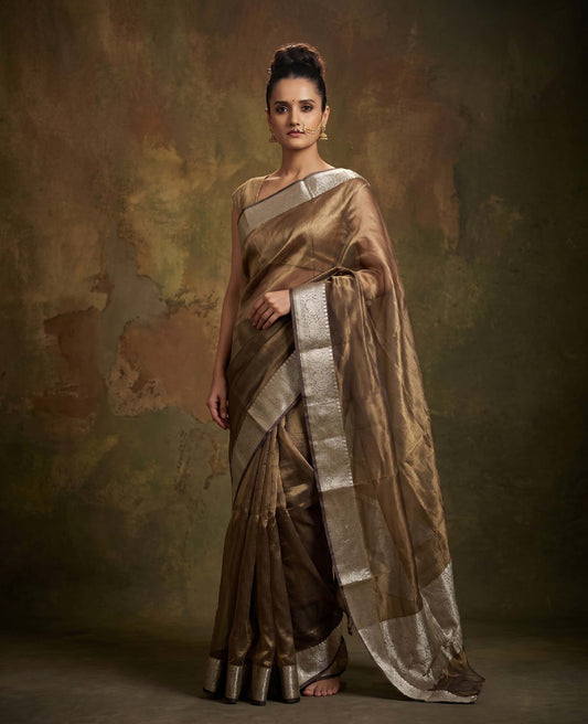 “Rohini” Dual-Tone Purple–Brown Pure Tissue Banarasi Handloom Saree