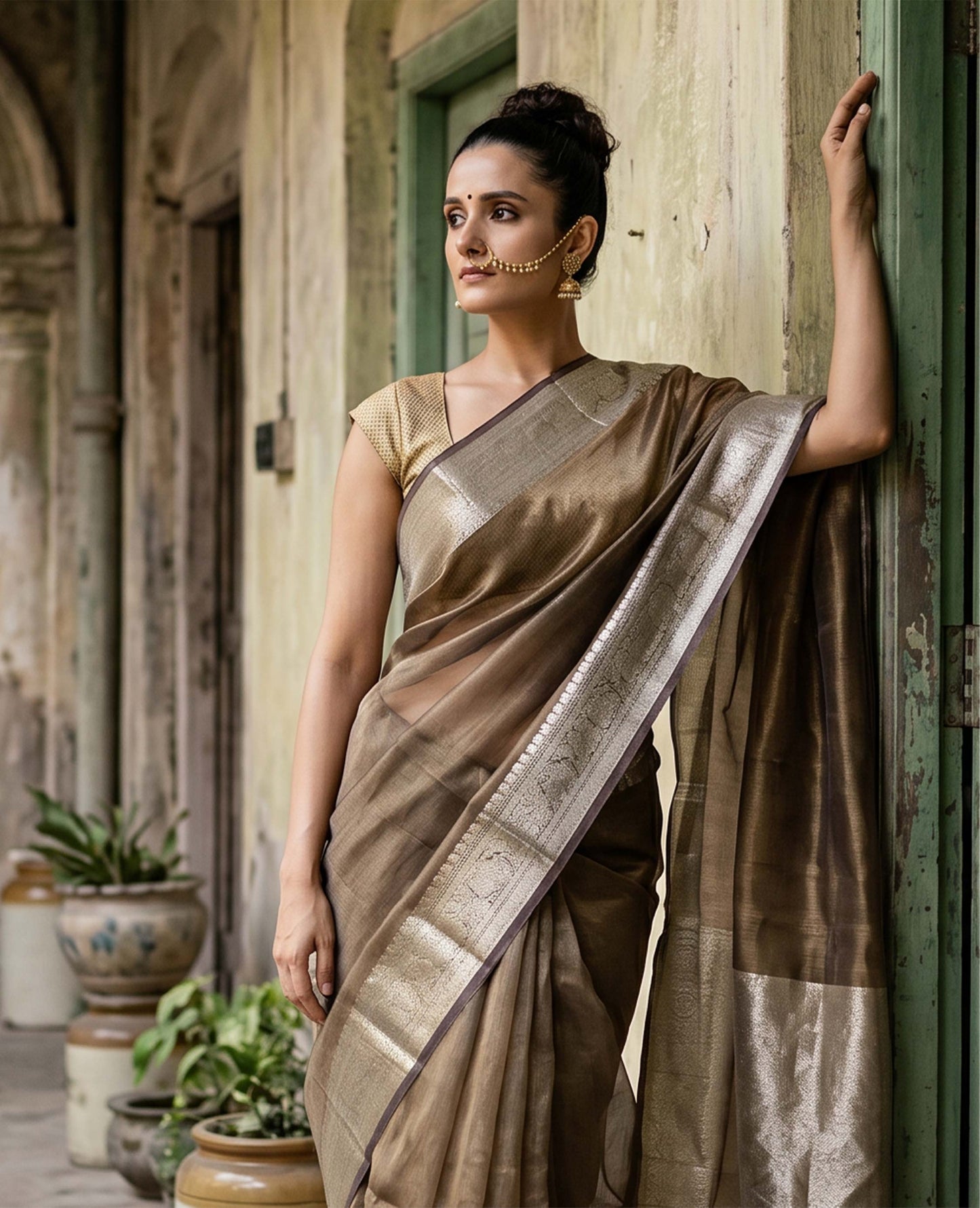 “Rohini” Dual-Tone Purple–Brown Pure Tissue Banarasi Handloom Saree