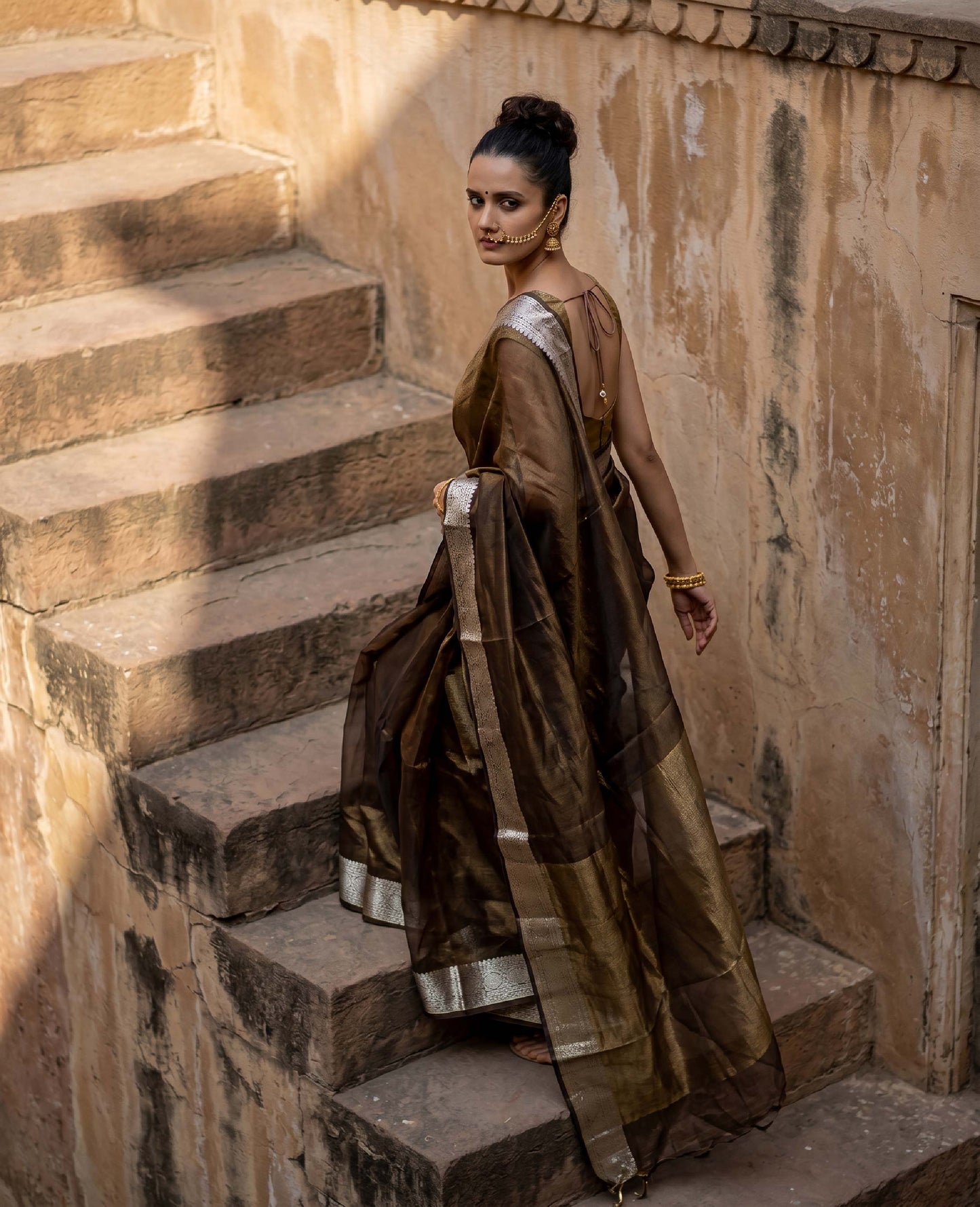 “Rohini” Dual-Tone Purple–Brown Pure Tissue Banarasi Handloom Saree