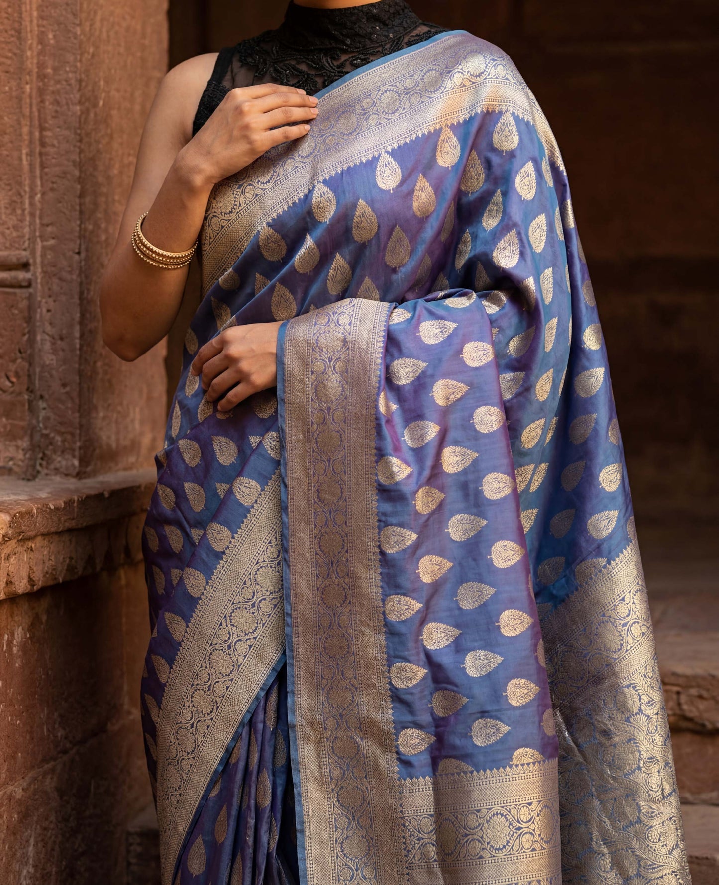 “Ira” Blue-Purple dual tone lightweight Soft Drape Katan Silk Banarasi Handloom Saree