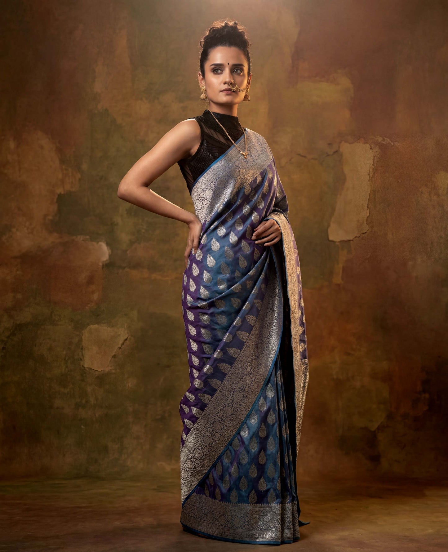 “Ira” Blue-Purple dual tone lightweight Soft Drape Katan Silk Banarasi Handloom Saree