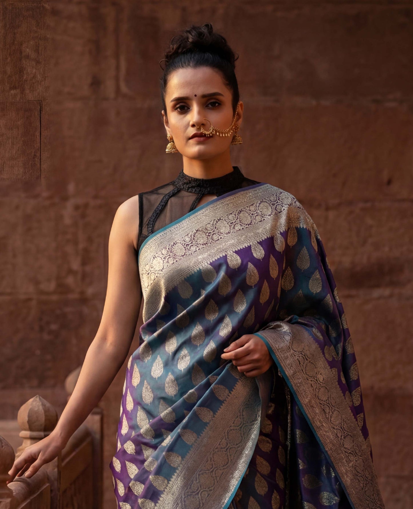 “Ira” Blue-Purple dual tone lightweight Soft Drape Katan Silk Banarasi Handloom Saree