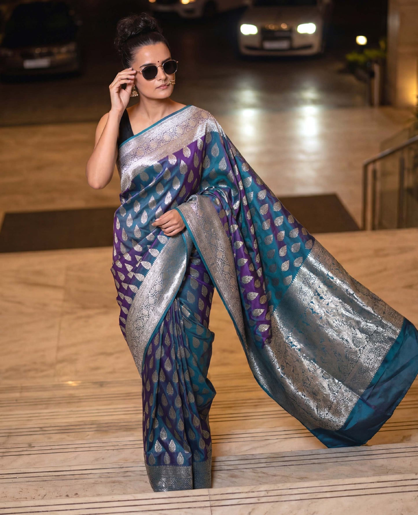 “Ira” Blue-Purple dual tone lightweight Soft Drape Katan Silk Banarasi Handloom Saree