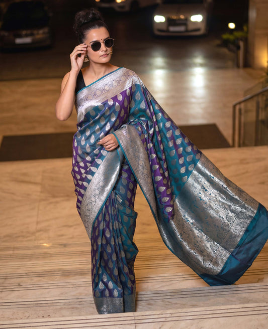 “Ira” Blue-Purple dual tone lightweight Soft Drape Katan Silk Banarasi Handloom Saree