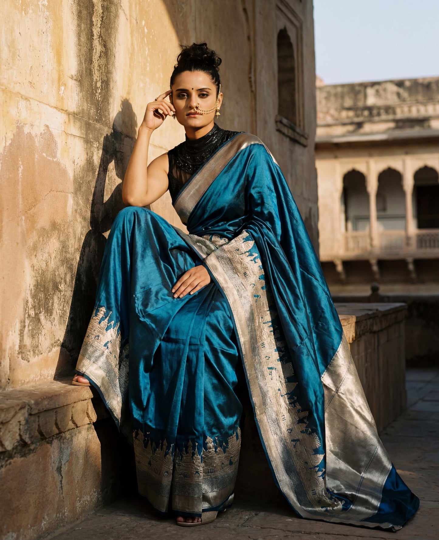 “Reva” Blue–Black Pure Katan Silk Banarasi Handloom Saree