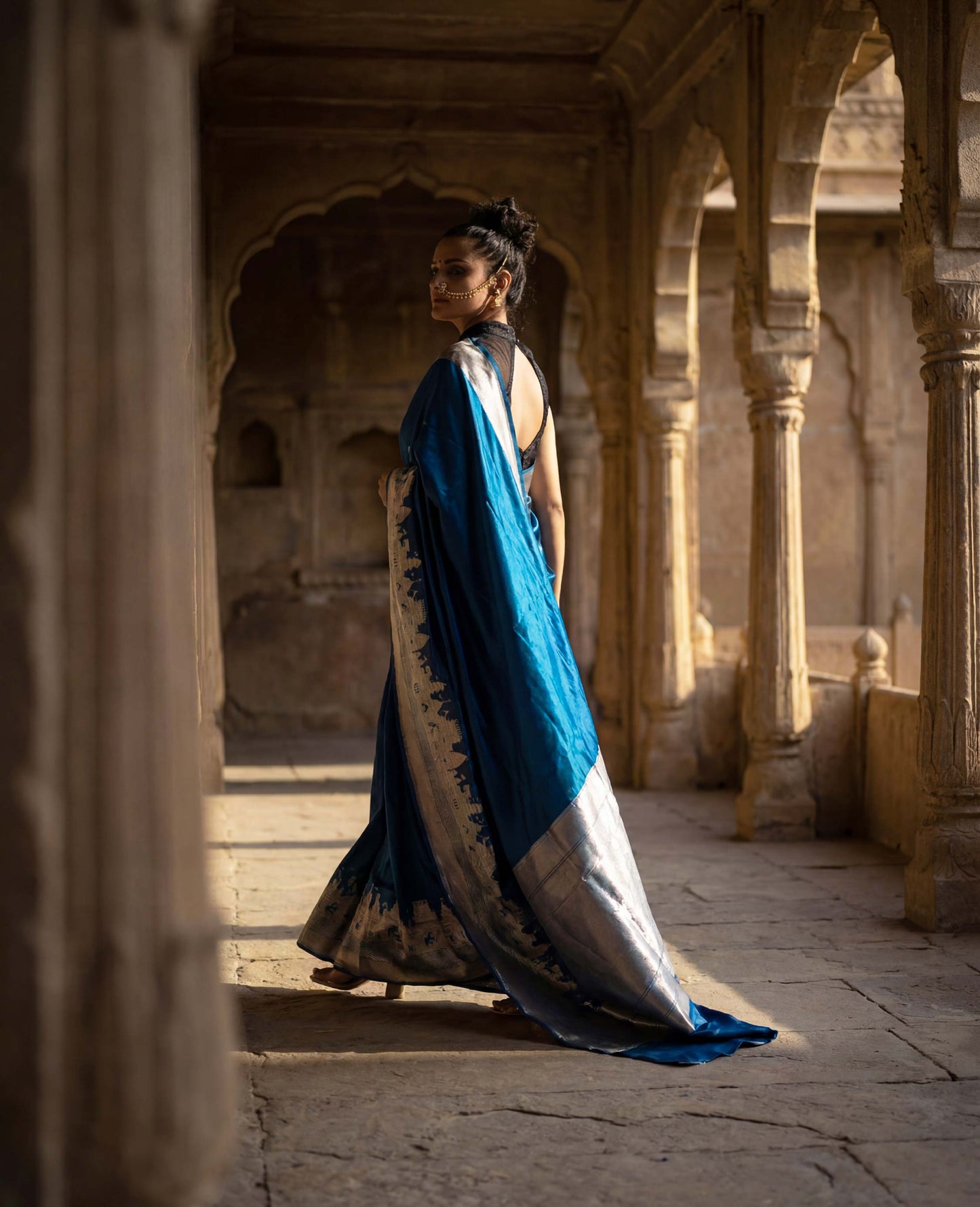 “Reva” Blue–Black Pure Katan Silk Banarasi Handloom Saree