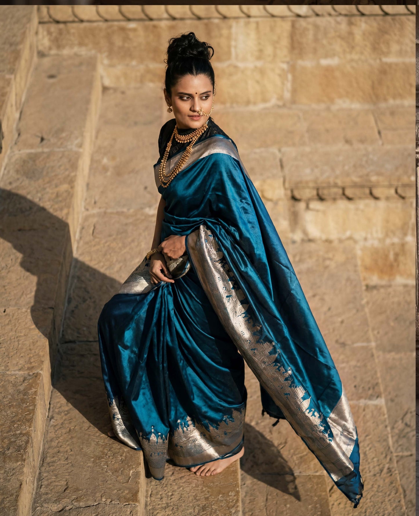 “Reva” Blue–Black Pure Katan Silk Banarasi Handloom Saree