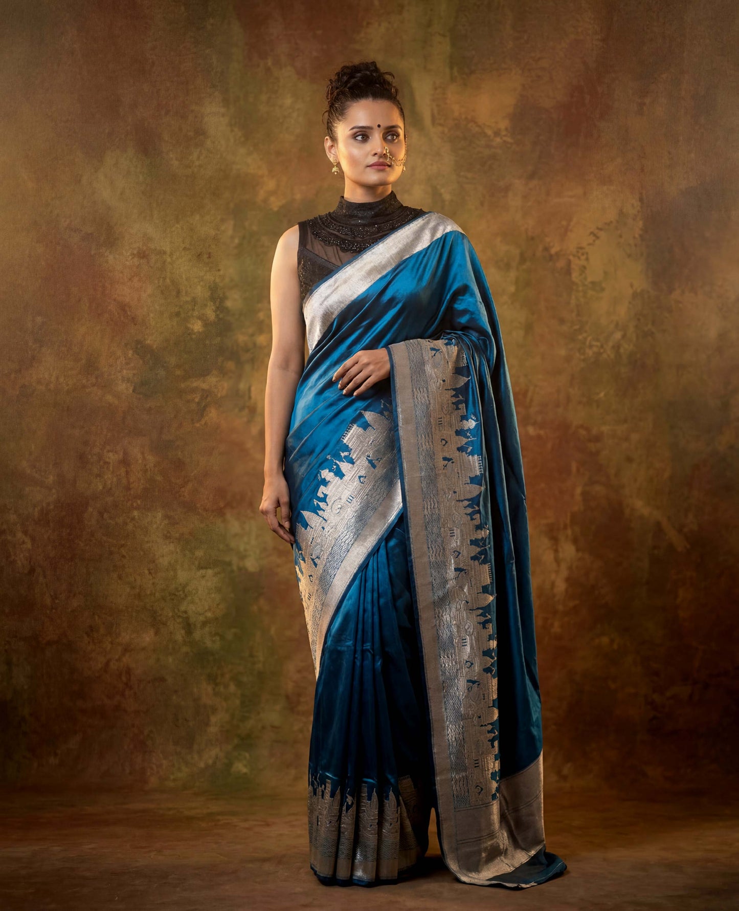 “Reva” Blue–Black Pure Katan Silk Banarasi Handloom Saree