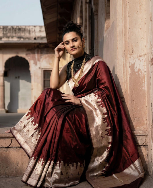 “Roli” Maroon Pure Katan Silk Banarasi Handloom Saree