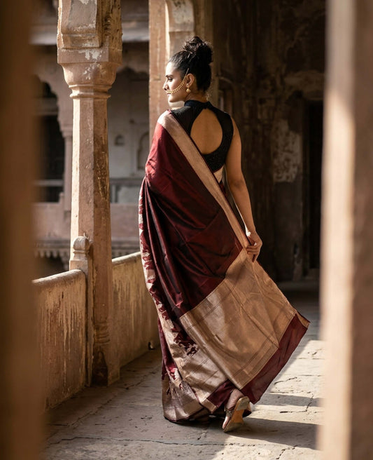“Roli” Maroon Pure Katan Silk Banarasi Handloom Saree