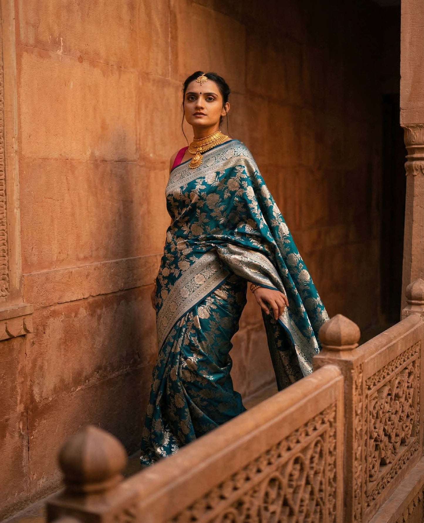 “Rooh” Blue–Green Pure Katan Silk Banarasi Handloom Saree