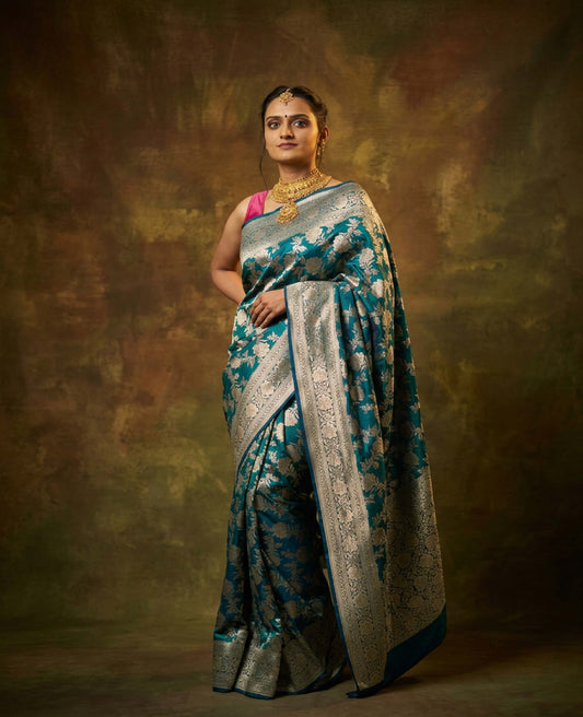 “Rooh” Blue–Green Pure Katan Silk Banarasi Handloom Saree