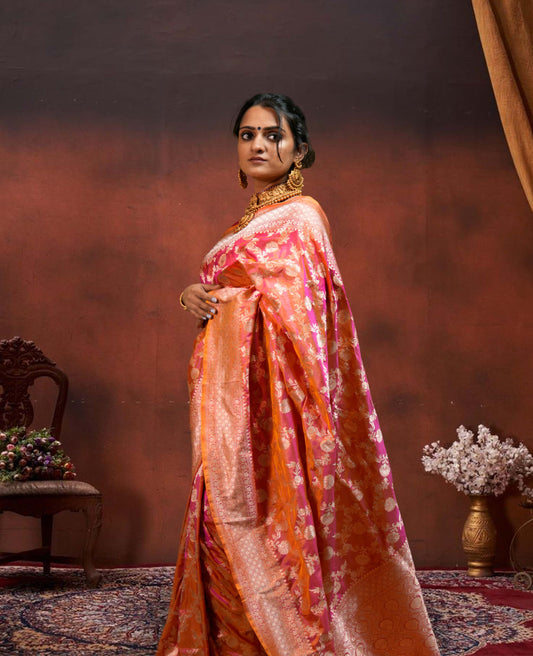 “Seher” Magenta–Yellow Pure Katan Silk Banarasi Handloom Saree