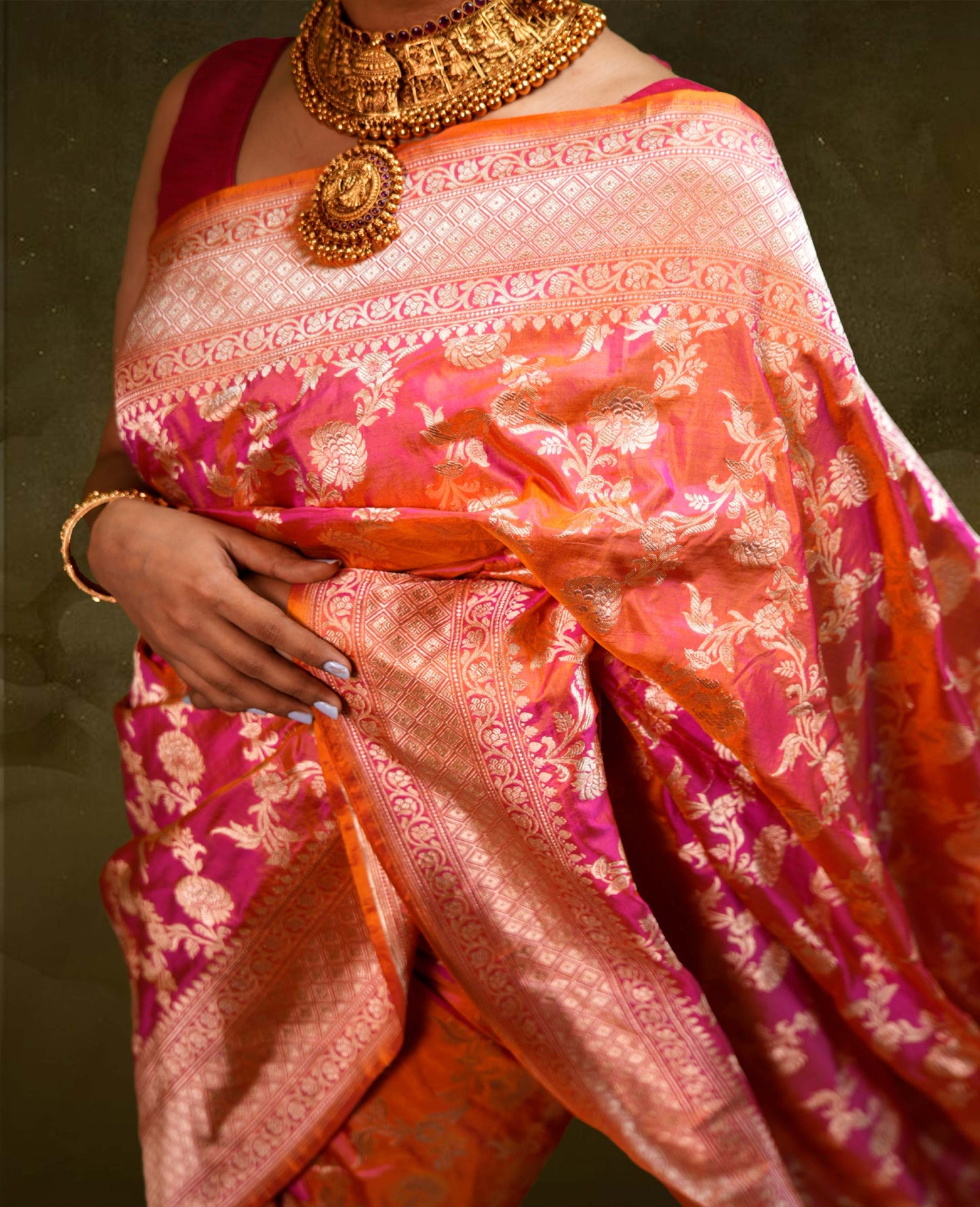 “Seher” Magenta–Yellow Pure Katan Silk Banarasi Handloom Saree