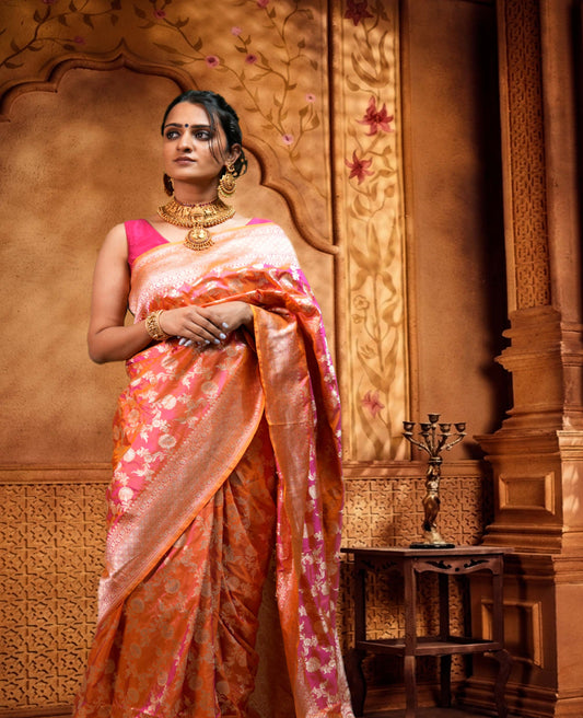 “Seher” Magenta–Yellow Pure Katan Silk Banarasi Handloom Saree