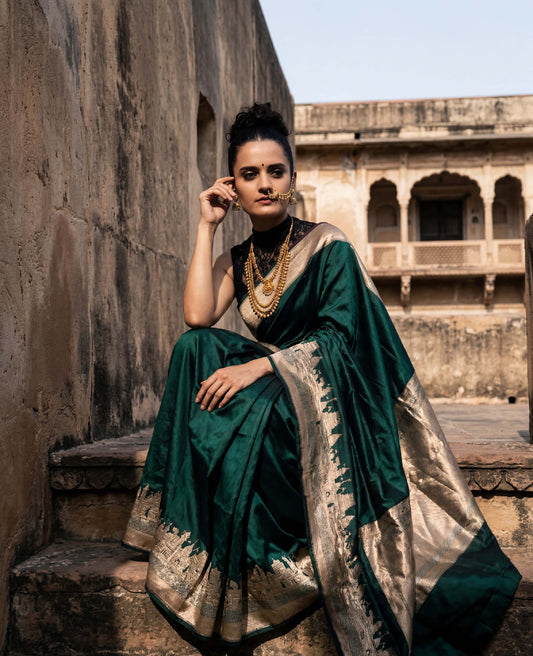 “Vanya” Green Pure Katan Silk Banarasi Handloom Saree