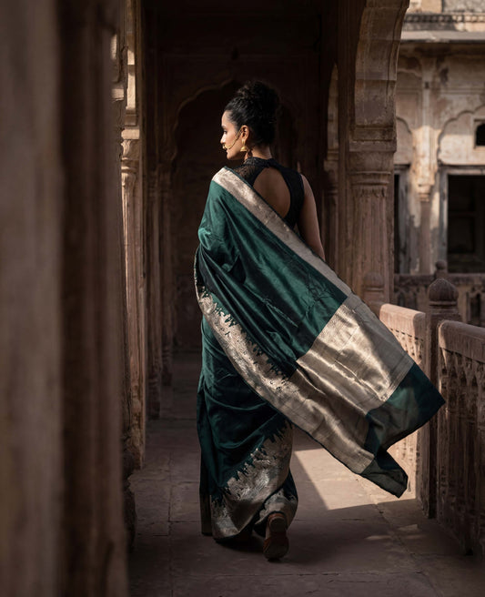 “Vanya” Green Pure Katan Silk Banarasi Handloom Saree