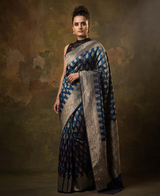 “Vibha” Blue lightweight Soft Drape Katan Silk Banarasi Handloom Saree
