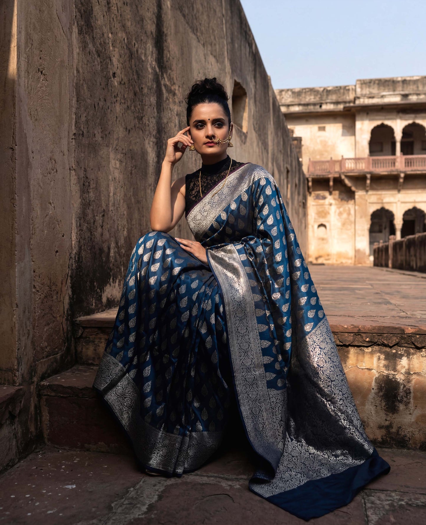 “Vibha” Blue lightweight Soft Drape Katan Silk Banarasi Handloom Saree