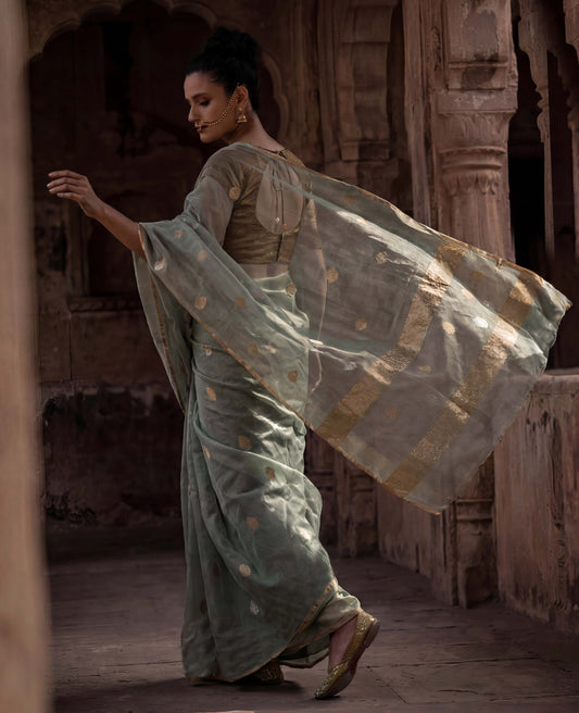 “Aab” Sage-Grey Pure Tissue Banarasi Handloom Saree